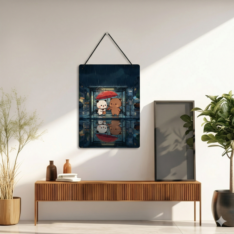 Rainy Night Bear Couple Wall Hanging | Aesthetic Romantic Room Decor