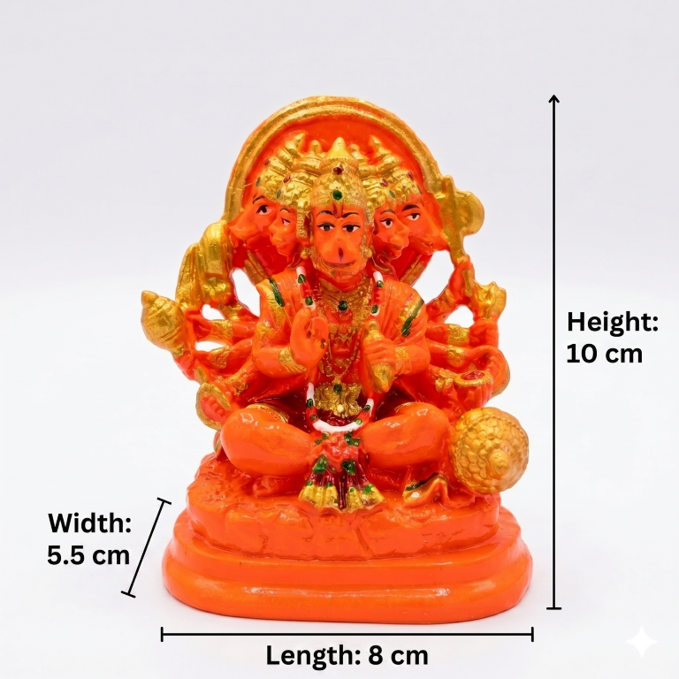 Divine Panchmukhi Hanuman Idol - Vibrant Saffron & Gold Finish (10 cm) | Five-Faced Bajrang Bali for Protection & Vastu