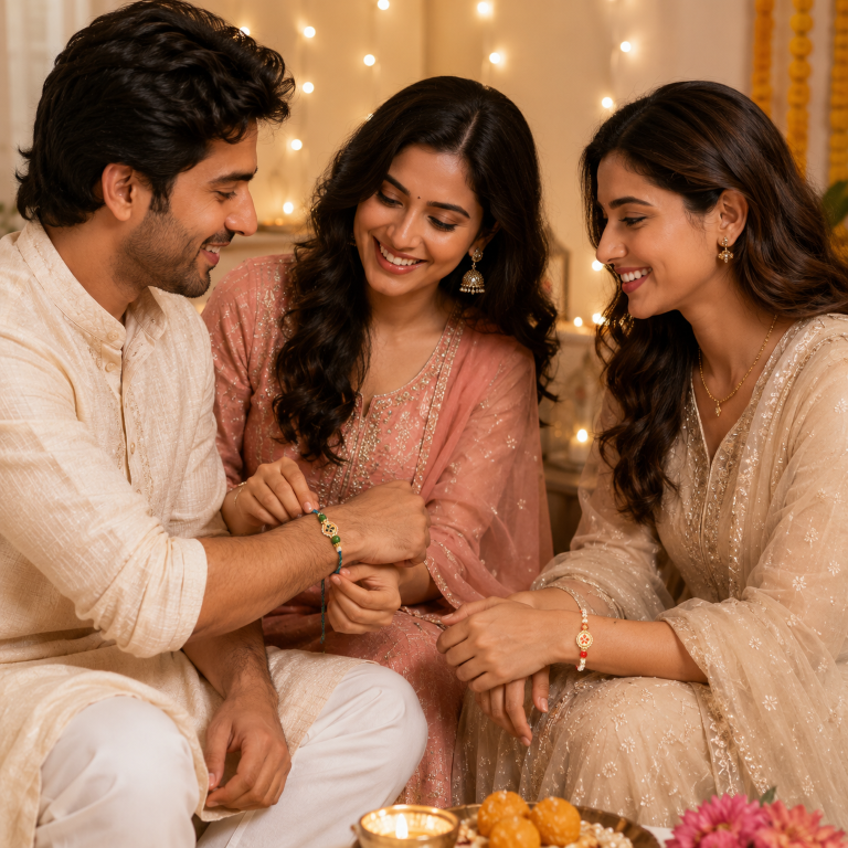 Bhai Bhabhi Rakhi Set | Designer Rakhi & Pearl Lumba Bracelet