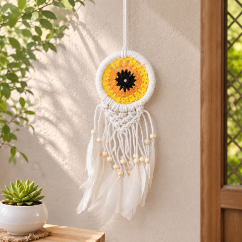 Handmade Evil Eye Dreamcatcher Wall Hanging – Blue & White Crochet Dream Catcher with Feathers & Beads – Boho Home Décor, Protection & Good Luck Charm