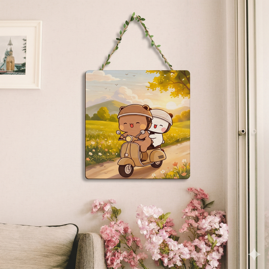 Cute Bear Couple Scooter Ride Wall Hanging | Aesthetic Room Decor