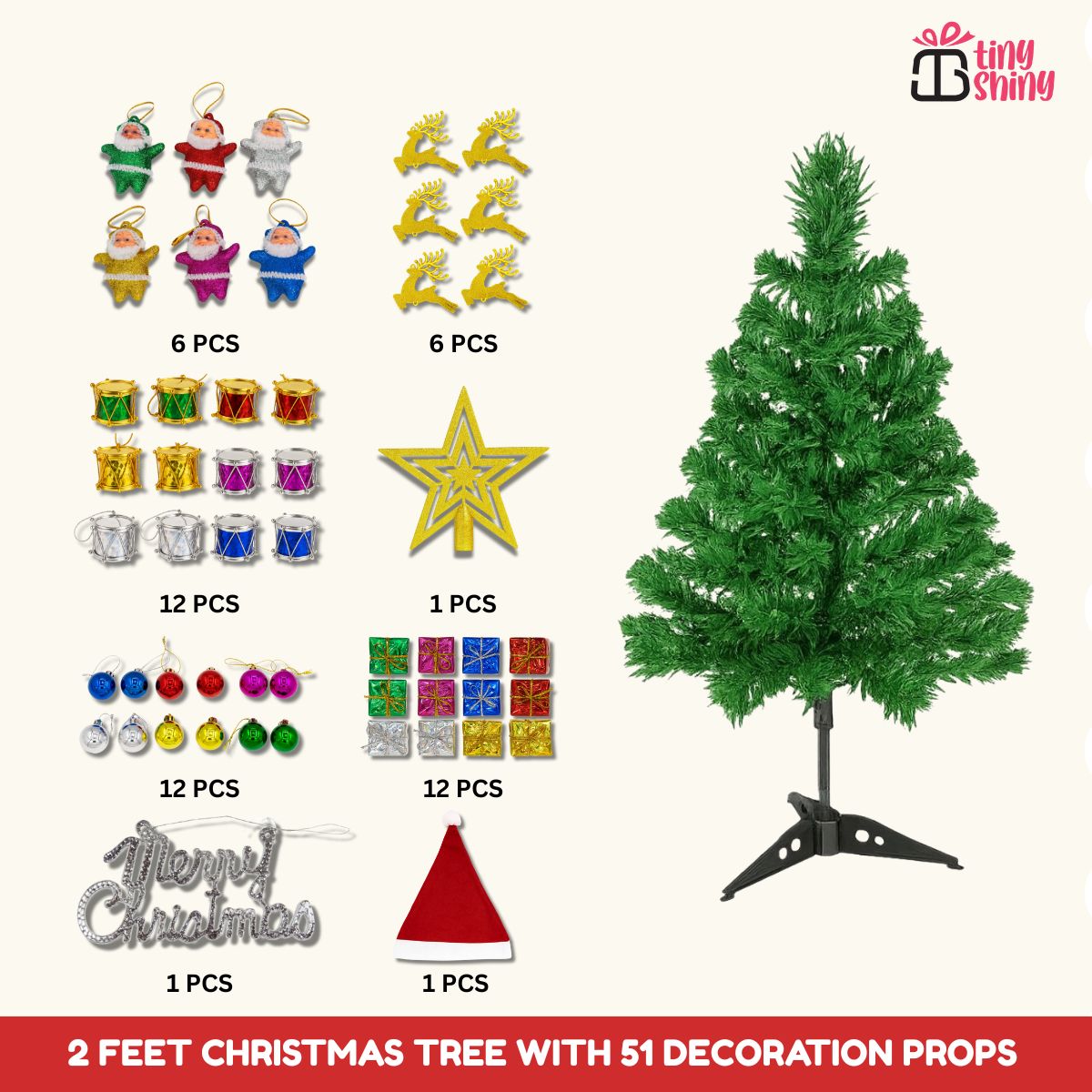 2 Feet Christmas Tree with 51 Decoration Items | TinyShinyGift
