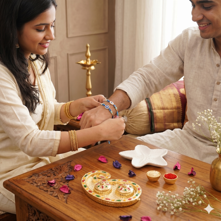 Set of 2 Evil Eye Designer Rakhi Set for Brother & Bhavi, Multicolor