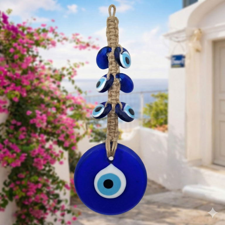 Handmade Evil Eye Wall Hanging Nazar Protection Charm – Blue Glass Home Décor