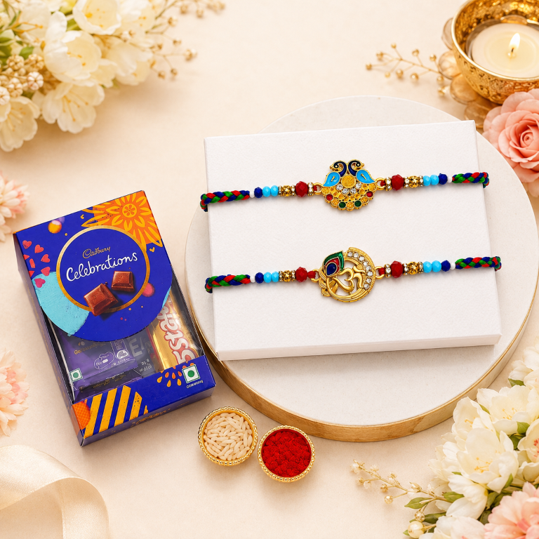 Rakhi Gift Set with 2 Peacock & Om Rakhi Set, Roli Chawa, Sipra, Key Chain and chocolate box