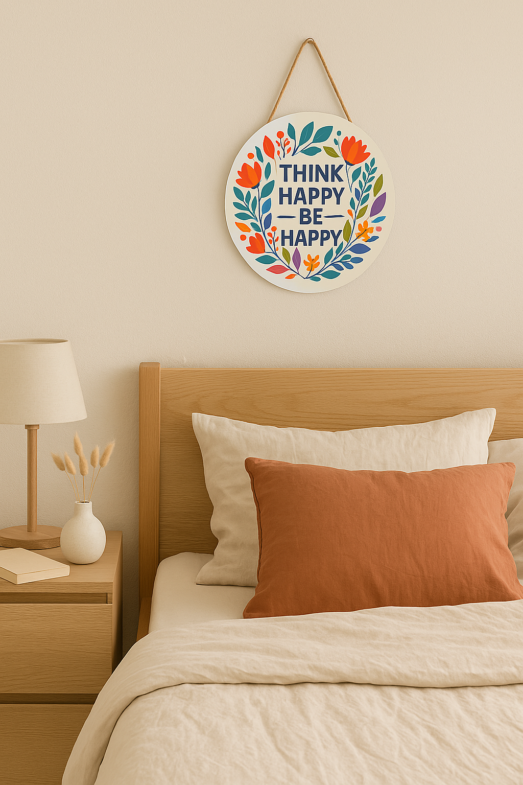 Think Happy Be Happy Floral Hanging Wall Plaque | Decorative Motivational Wall Hanging for Home, Office & Gifting