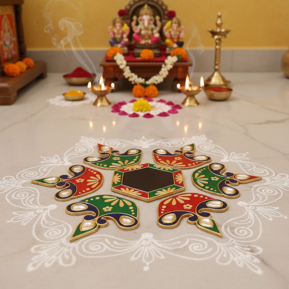 Diya Meena Stone Rangoli — Decorative  Reusable Festive Floor Art for Diwali and Pooja