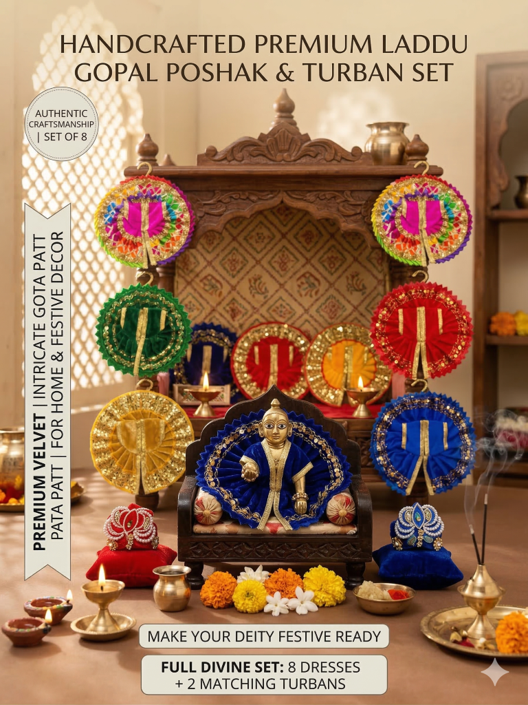 Tiny Shiny Laddu Gopal Poshak Thakur Ji Dress  Designer Dress for Kanha Ji Fancy Dress for Bal Krishna Janmaasthmi Special for Ladoo Gopal Ji (Poshak-8, Mukut-2, Size-2)