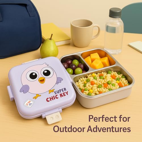 2 Layer Kids Lunch Box with Steel Inner, 3 Compartments Leak Proof Airtight BPA Free Bento Tiffin Box 1120 ML with 70 ML Sauce Cup for School Picnic Boys Girls (Lavender Chick) 1120ml + 70ml