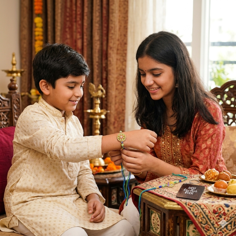 Rakhi Gift Set with 2 Mandala & Peacock Rakhi Set, Roli Chawa, Sipra, Key Chain and chocolate box