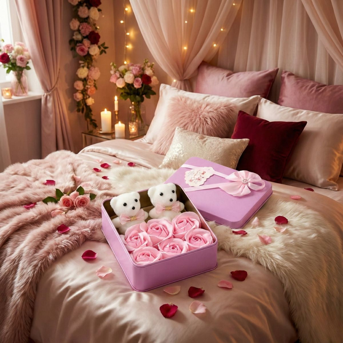 Premium Valentine Pink Square Shape Box with 6 Pink Roses, 2 Teddy