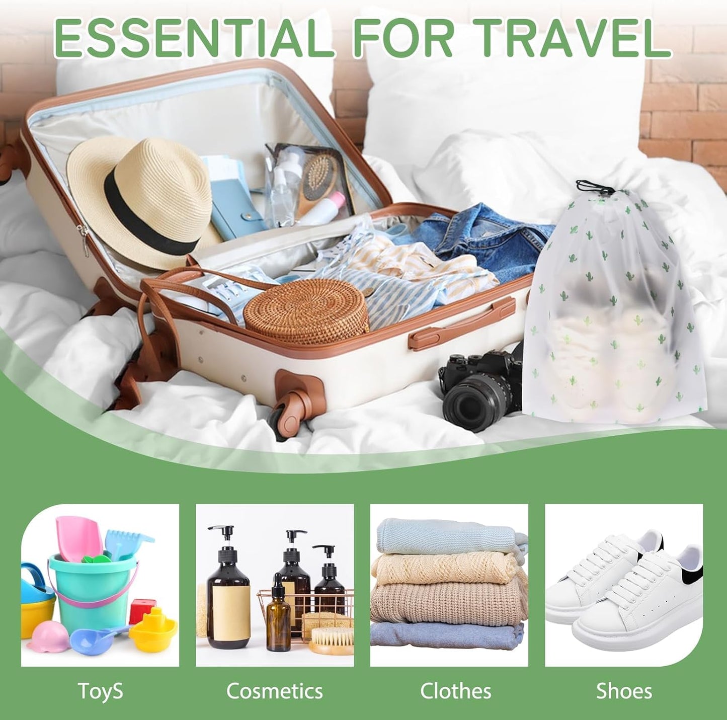 Tiny Shiny Travel Shoe Bag — Transparent Waterproof  Organizer for Travel and Gym | Pack of 5 | Green Floral