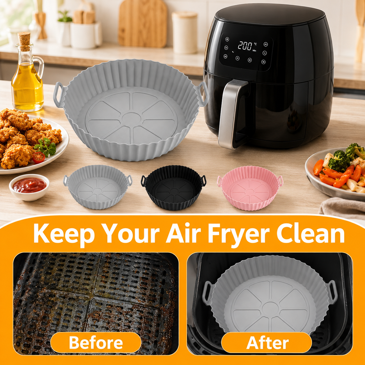 Air Fryer Liners I Round Silicone Basket Baking Tray I Pot with Ear Handles I Nonstick Reusable Heat Resistant I Cooking Oven Insert Accessories - Multicolor (Pack of 3)