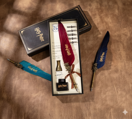 Harri Potter Style Feather Quill Pen Calligraphy Writing Set with Ink Bottle & Metal Nibs | Vintage Magic Wizard Writing Gift Set for Journaling & Creative Writing (Multicolor)