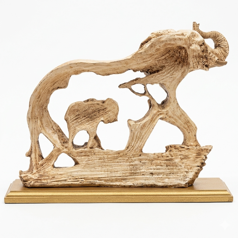 Antique Ivory & Gold Elephant Family Figurine | Majestic Wildlife Home Decor