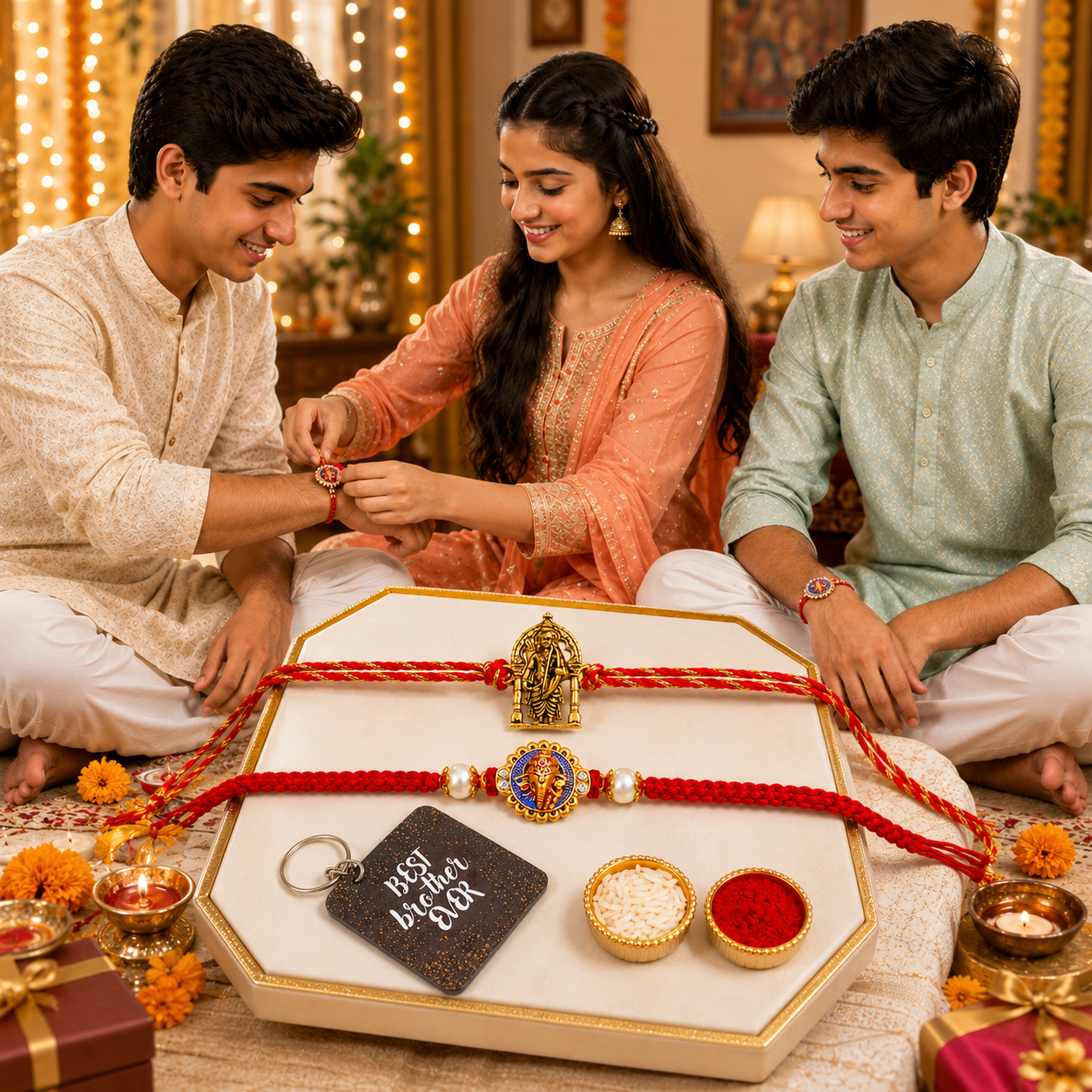 Rakhi Gift Set with 2 Divine Ram Lalla Rakhi Set, Roli Chawa, Sipra, Key Chain and chocolate box