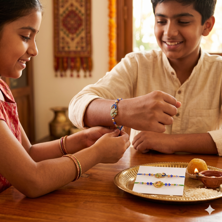 Rakhi Gift Set with 2 Royal Peacock Rakhi Set, Roli Chawa, Sipra, Key Chain and chocolate box
