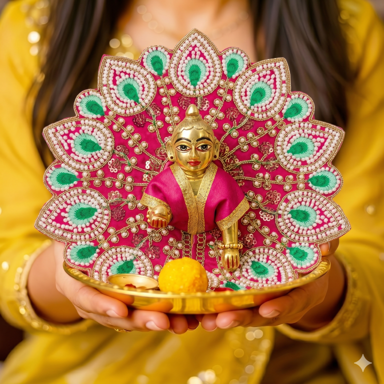 Tiny Shiny Laddu Gopal Poshak Thakur Ji Dress Heavy Designer Dress for Kanha Ji Fancy Dress for Bal Krishna Janmaasthmi Special for Ladoo Gopal Ji (Size-4)