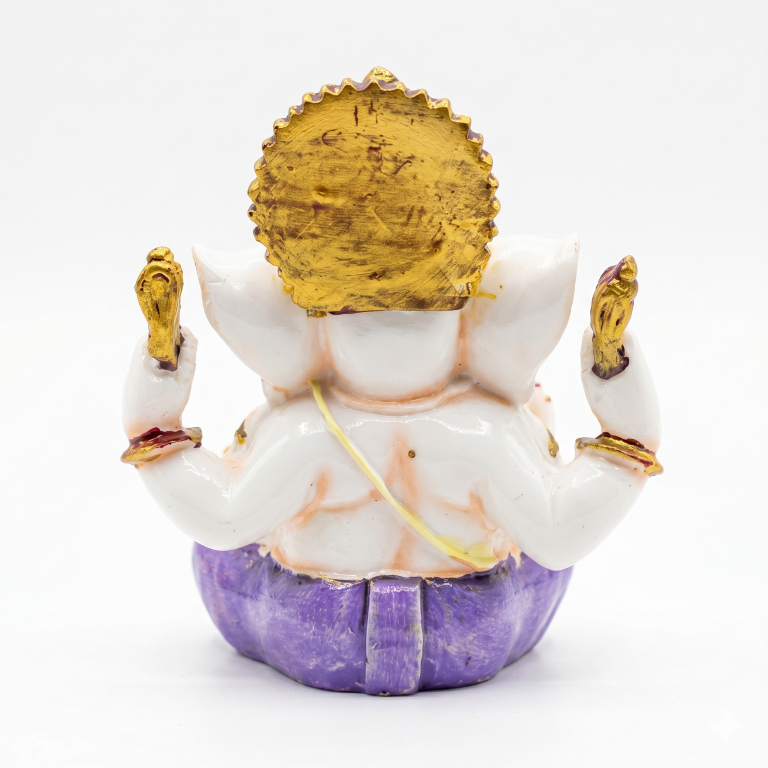 Serene White Marble Finish Lord Ganesha Idol - Elegant Purple & Gold Accents (13.5 cm) | Premium Gifting & Home Decor