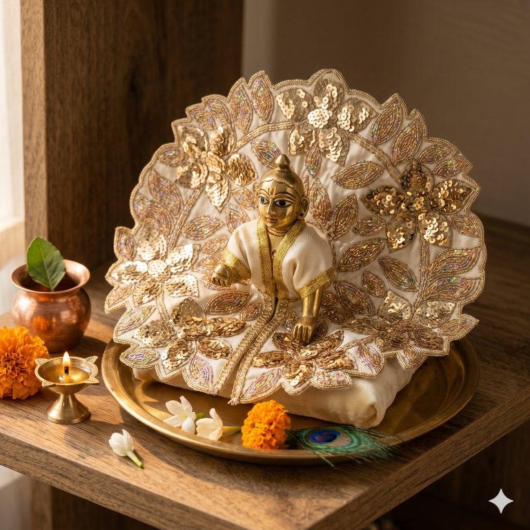 Tiny Shiny Laddu Gopal Poshak Thakur Ji Dress Heavy Designer Dress for Kanha Ji Fancy Dress for Bal Krishna Janmaasthmi Special for Ladoo Gopal Ji (Size-4 and 5)