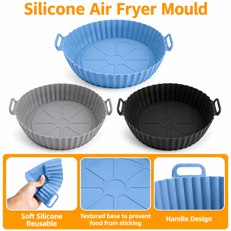 Air Fryer Liners I Round Silicone Basket Baking Tray I Pot with Ear Handles I Nonstick Reusable Heat Resistant I Cooking Oven Insert Accessories - Multicolor (Pack of 3)
