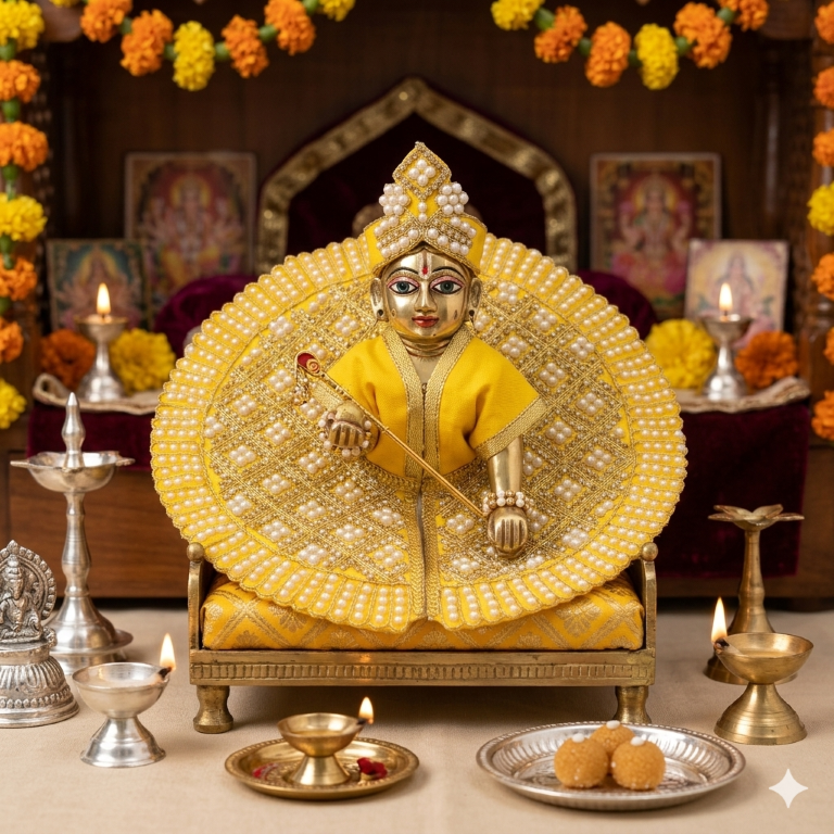 Tiny Shiny Laddu Gopal Poshak Thakur Ji Dress Heavy Designer Dress for Kanha Ji Fancy Dress for Bal Krishna Janmaasthmi Special for Ladoo Gopal Ji (Size-4 And 5)