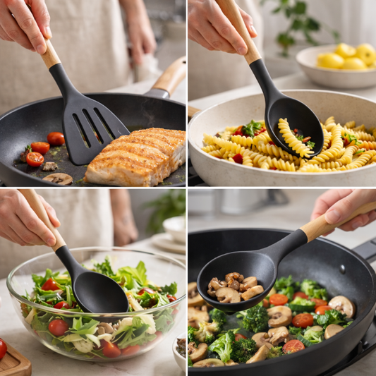 Silicone Spatula with Wooden Handle – Heat Resistant, Non-Stick, Flexible Kitchen Utensil for Baking, Cooking & Mixing – BPA-Free, Soft & Durable – Ideal for Scraping & Spreading (5-Pcs,Black)