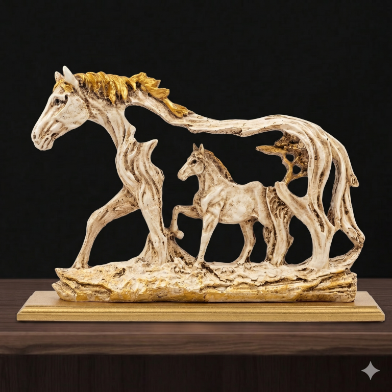 Galloping Horse & Foal Antique Figurine | Majestic Steed Home Decor