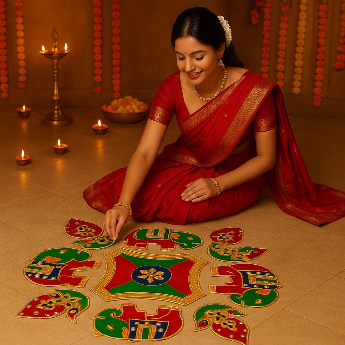 Diya Elephant Meena Stone Rangoli