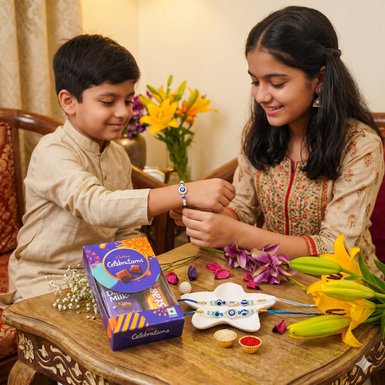 Set of 2 Evil Eye Designer Rakhi Set for Brother & Bhavi, Multicolor