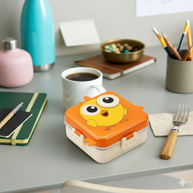 2 Layer Kids Lunch Box with Steel Inner, 3 Compartments Leak Proof Airtight BPA Free Bento Tiffin Box 1120 ML with 70 ML Sauce Cup for School Picnic Boys Girls (Sunset Orange Chick)