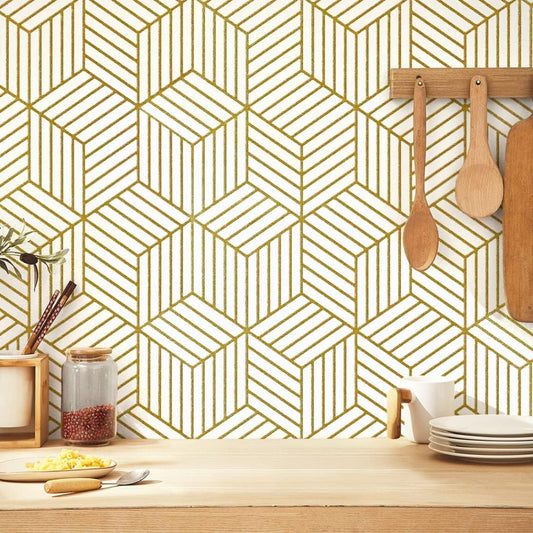 White and Gold Geometric Lines Removable Wallpaper