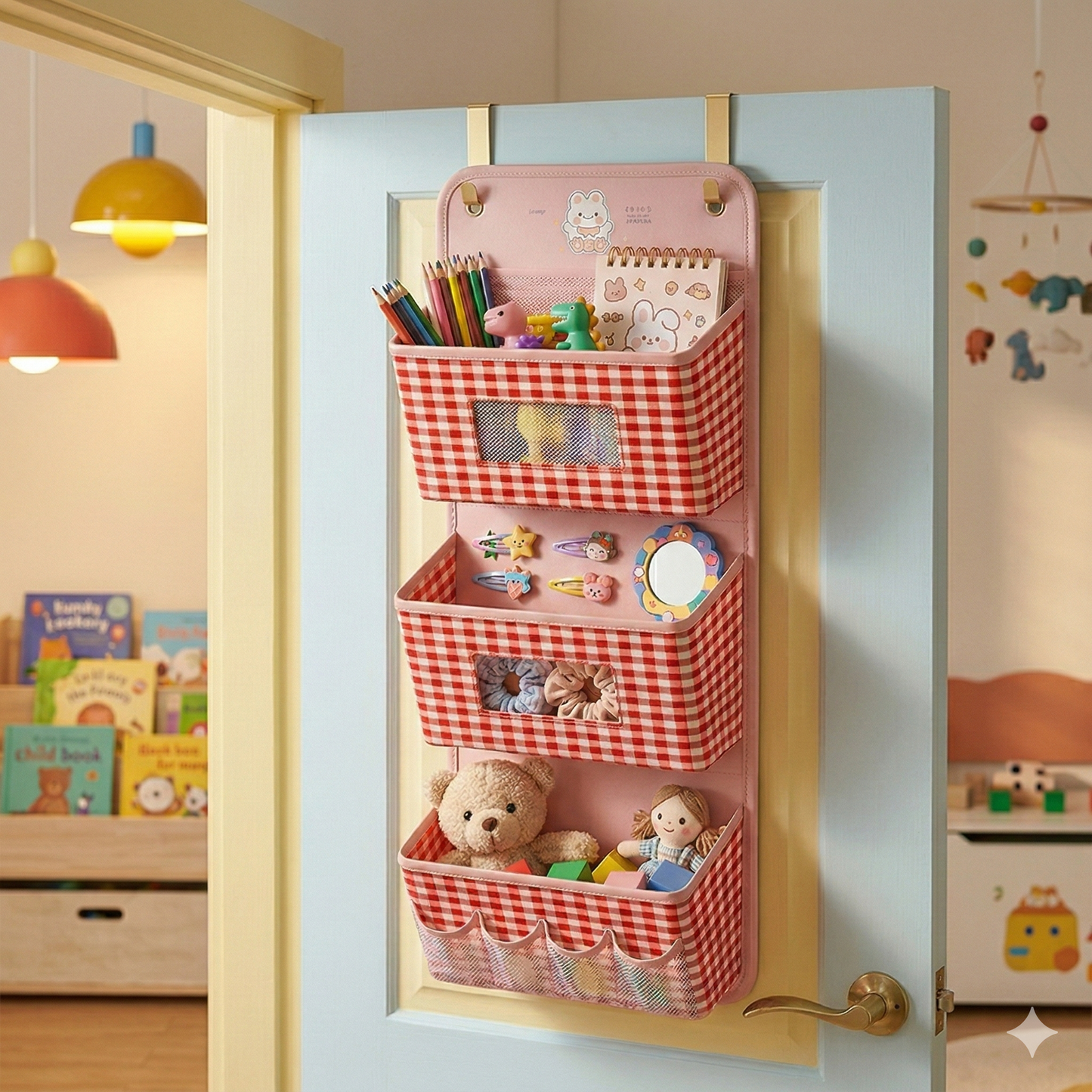 Tiny Shiny Over Door Hanging Organizer — 3 Pocket  Fabric Storage Bag with Mesh Windows | Red Yellow