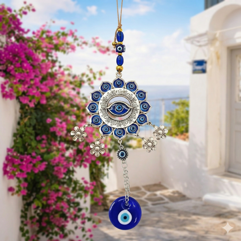 Silver Flower Mandala Evil Eye Wall Hanging with Dangle Charms