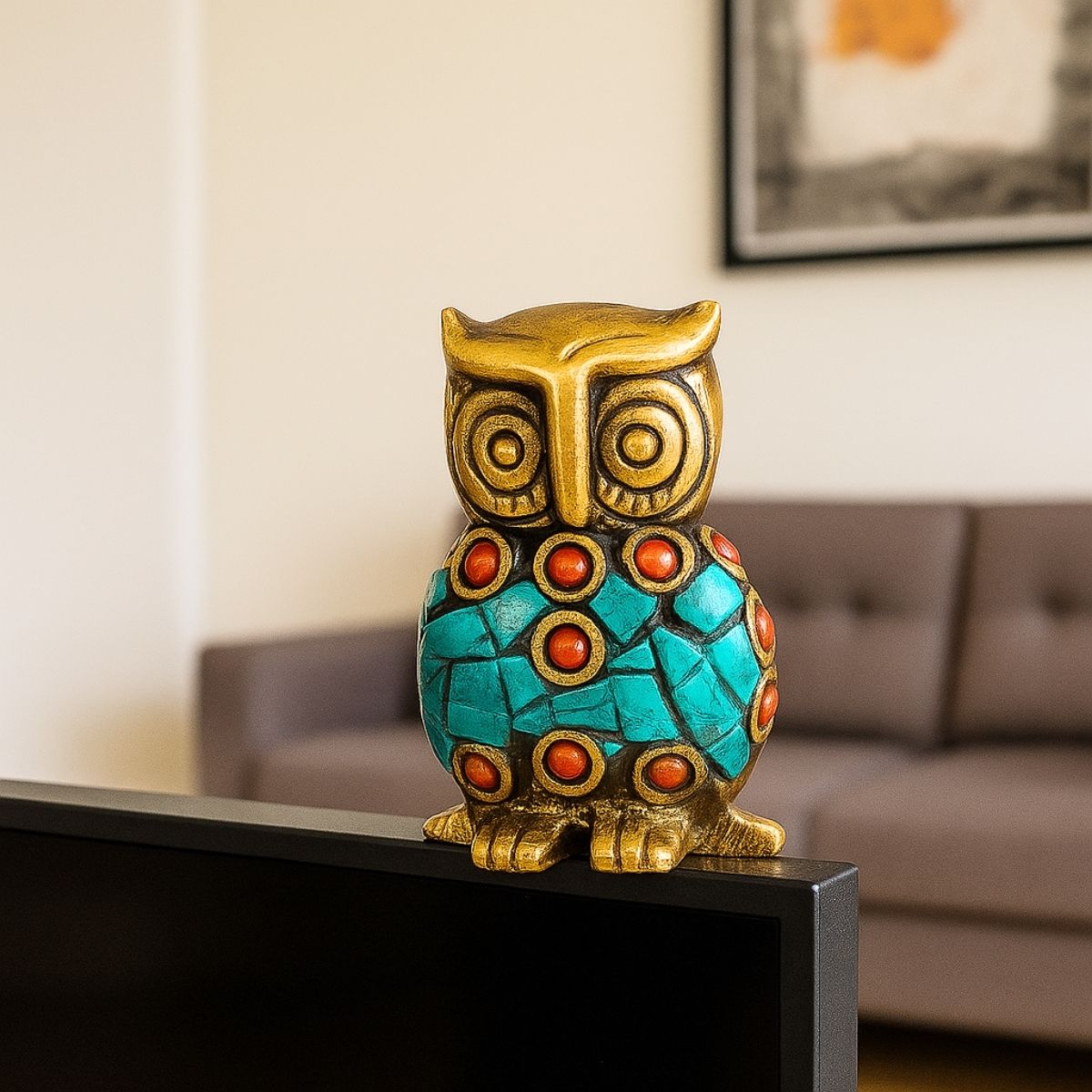 Metal Owl Statue Figurine with Colorful Stone Agarbatti Holder