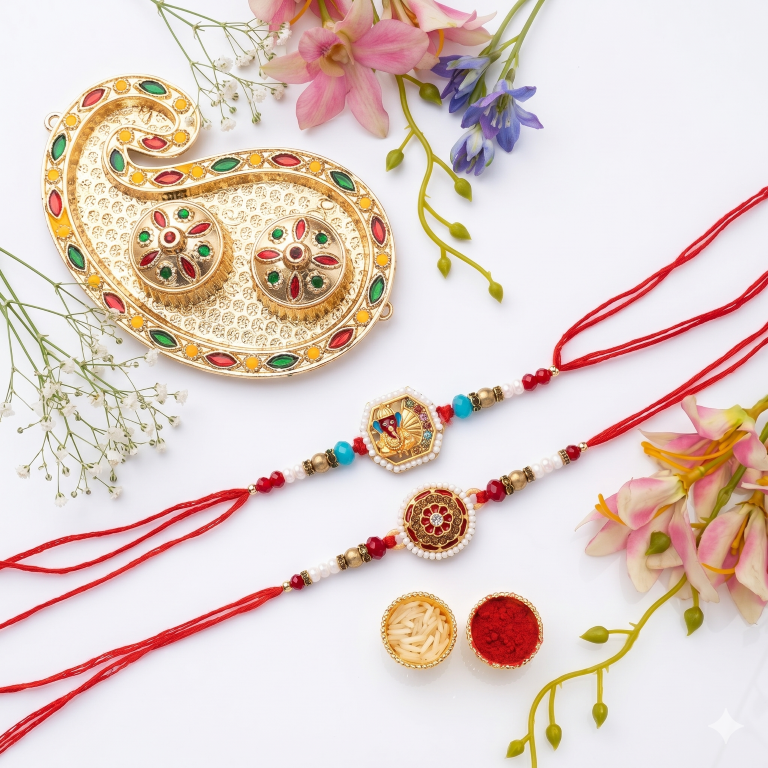 Set of 2 Ganesha Designer Rakhi Set for Brother, Bhai, Multicolor