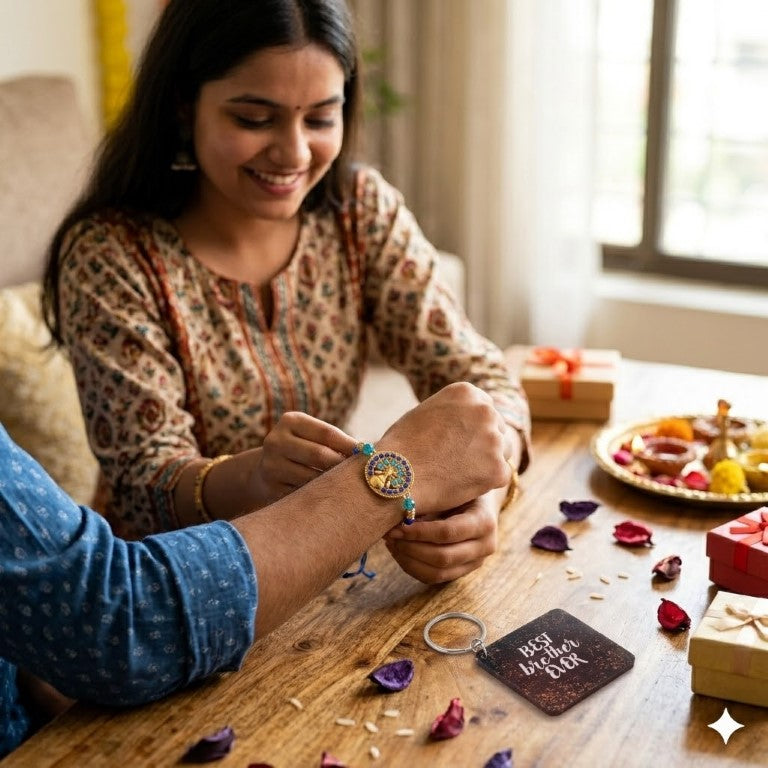 Rakhi Gift Set Brother with Life Tree Rakhi, Roli Chawa, Sipra, Key Chain and chocolate box