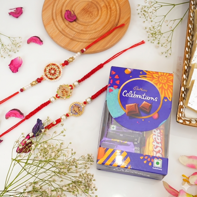 Rakhi Gift Set for Bhai with 3 Krishna Ganesha Rakhi Set, Roli Chawa, Sipra, Key Chain and chocolate box