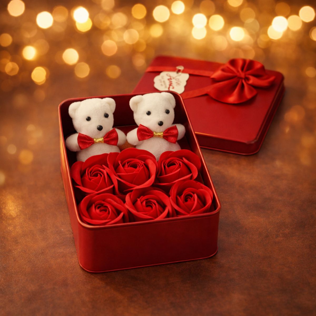 Red Square Shape Box with 6 Red Roses, 2 Teddy