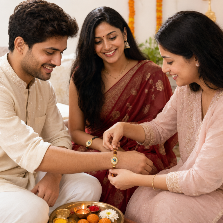Bhai Bhabhi Rakhi Set | Evil Eye Rakhi & Rudraksha Lumba Bracelet