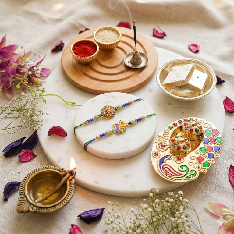 Rakhi Gift Set with 2 Mandala & Peacock Rakhi Set, Roli Chawa, Sipra, Key Chain and chocolate box