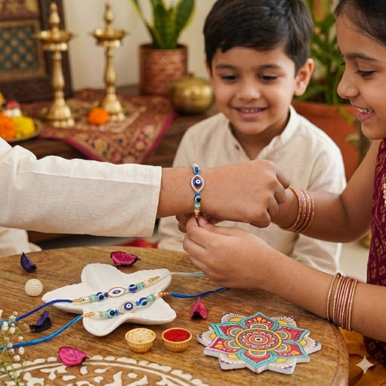 Set of 2 Evil Eye Designer Rakhi Set for Brother & Bhavi, Multicolor