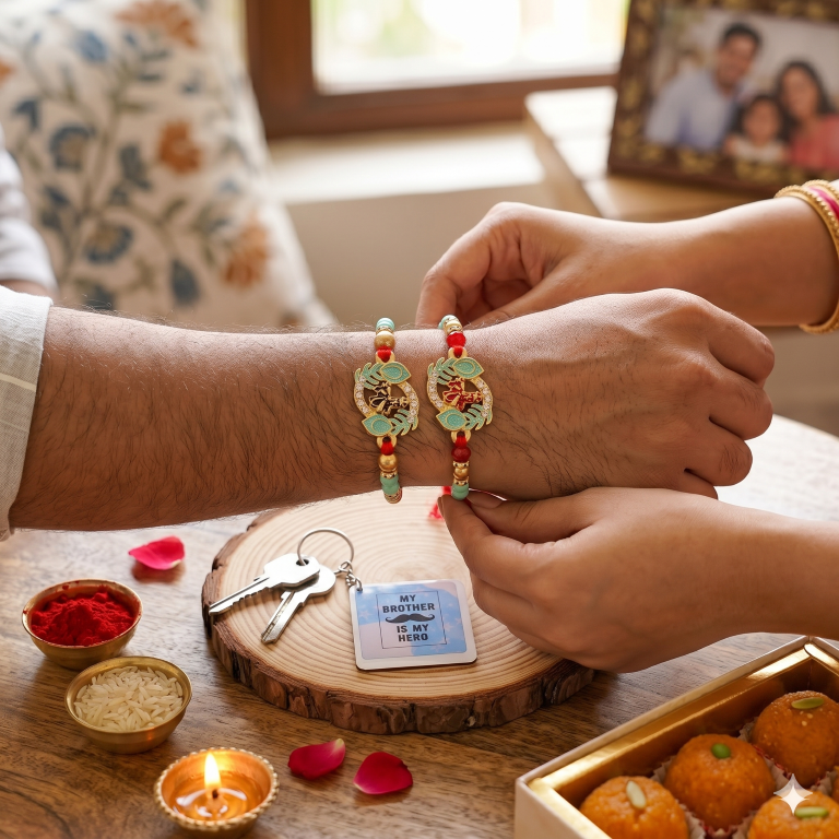 Rakhi Gift Set with 2 Lakshmi Ganesha Rakhi Set, Roli Chawa, Sipra, Key Chain and chocolate box