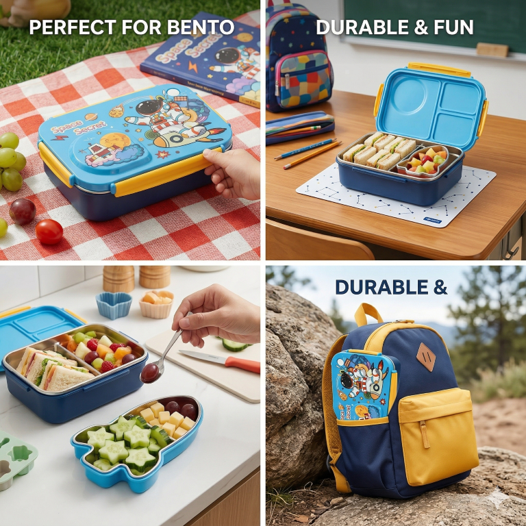 Steel Lunch Lunch Box, 750 ml with 150ml Bowl, BPA Free and Leak Proof, 3 Compartment airtight, with a Spoon & Chopsticks,Astronaut & Rocket Design, Pink, Premium Lunch Box