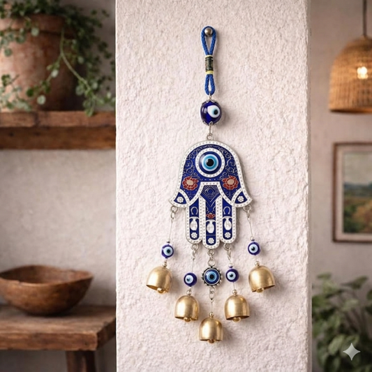 Hamsa Hand Evil Eye Wind Chimes for Good Luck Prosperity, Zodiac Success, Health Wealth Evil Eye Charm for Balcony, Home Entrance, Living Room Handcrafted Home Decor for Gift (Blue)