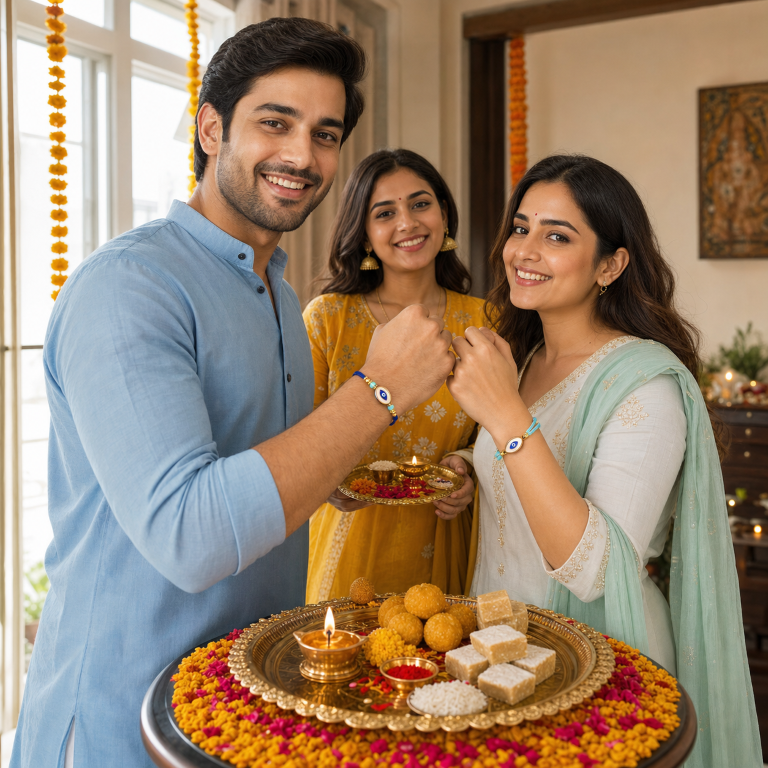Bhai Bhabhi Rakhi Set | Evil Eye Rakhi & Evil Eye Lumba Bracelet