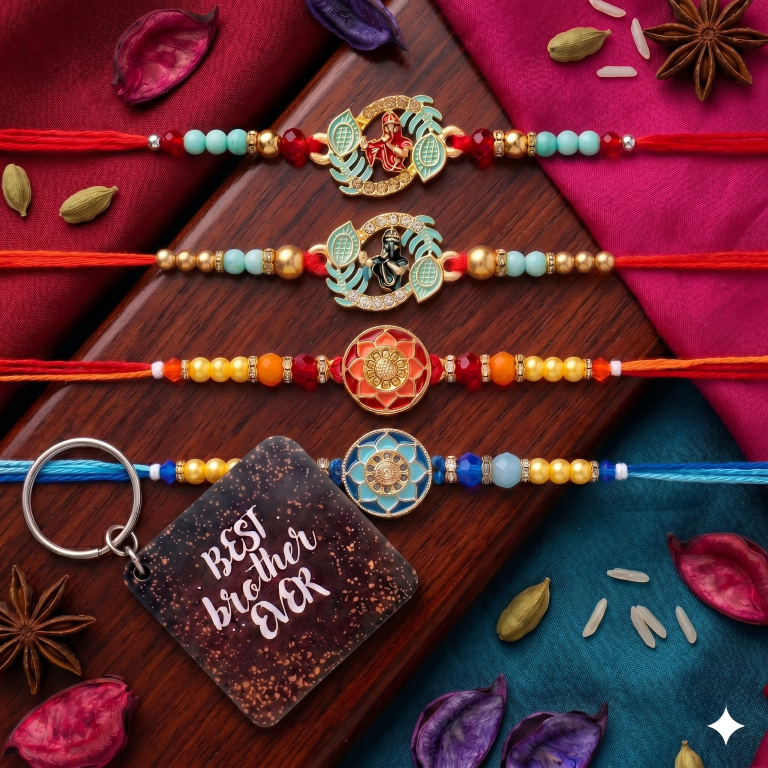 Rakhi Gift Set with 4 Radha Krishna Rakhi Set, Roli Chawa, Sipra, Key Chain and chocolate box