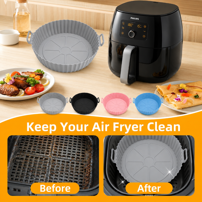 Air Fryer Liners I Round Silicone Basket Baking Tray I Pot with Ear Handles I Nonstick Reusable Heat Resistant I Cooking Oven Insert Accessories - Multicolor (Pack of 4)