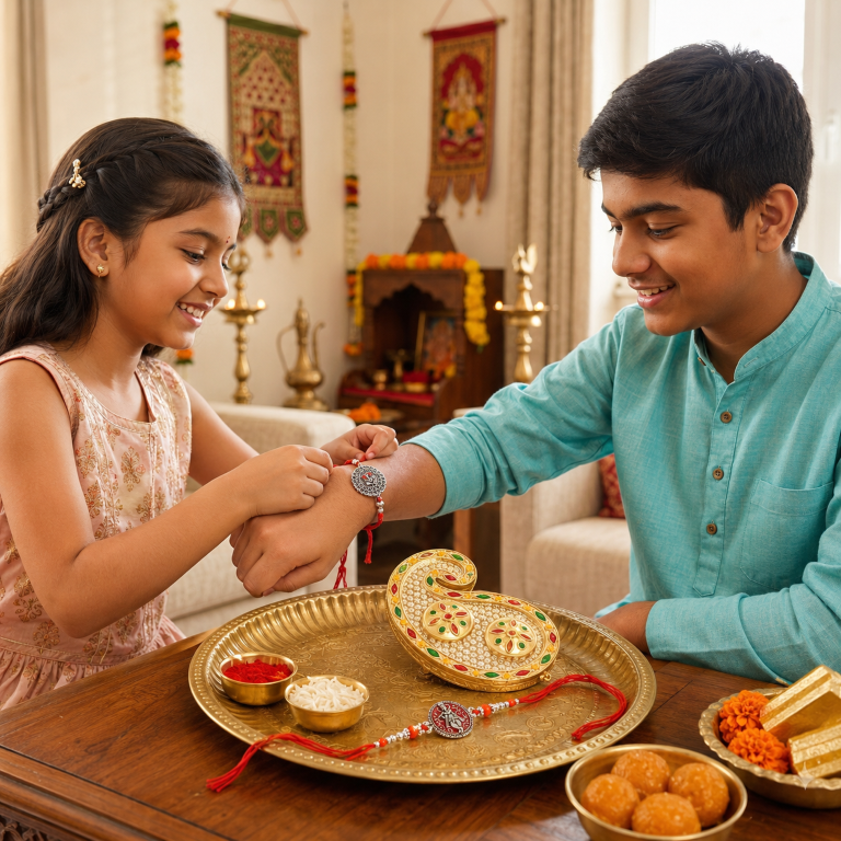 Rakhi Gift Set with 2 Divine Krishna Rakhi Set, Roli Chawa, Sipra, Key Chain and chocolate box