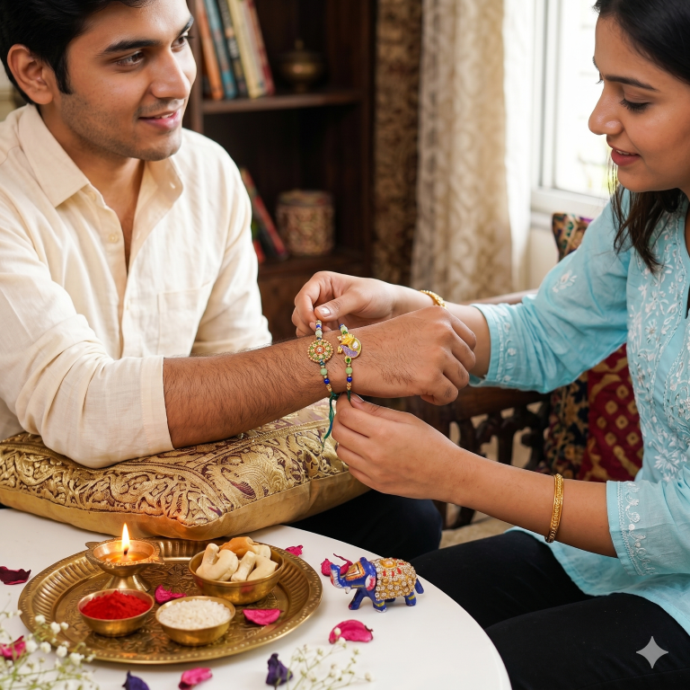 Rakhi Gift Set with 2 Mandala & Peacock Rakhi Set, Roli Chawa, Sipra, Key Chain and chocolate box